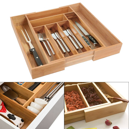 Adjustable Expandable Bamboo Cutlery Tray For Kitchen Tidy Drawer Organiser New