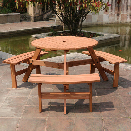 Wooden Outdoor Garden Furniture Set Round Table With 3 Benches Chairs Patio Set