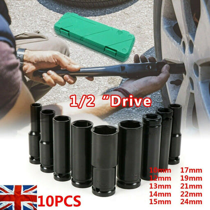 10PC 1/2” Drive Deep Impact Sockets Set Long Reach Sockets Wheel Wrench Nut Tool