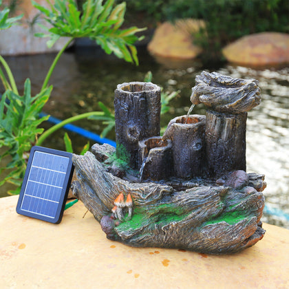 Solar Powered Garden Fountain LED Water Feature Wooden Effect Statue Cascading