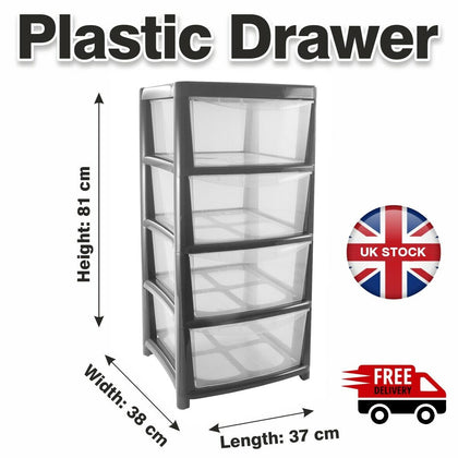 4 Tier Plastic Drawers Storage Office Home Tower Chest Drawer School Silver/Grey