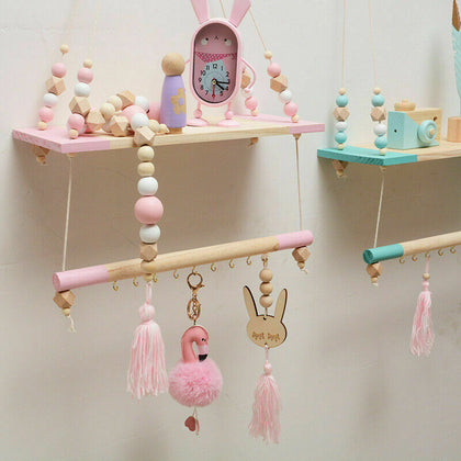 INS Wall Hanging Rope Swing Shelf Wooden Beads Rack Nursery Bedroom Decor UK
