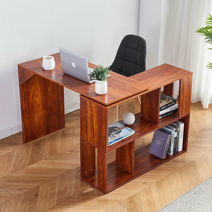 Brown L-shaped Computer Desk Corner PC Table Workstation Home Office w/ Shelves