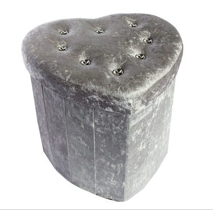 Deluxe Silver Crushed Velvet Diamante Ottoman Storage Heart Stool Footstool box