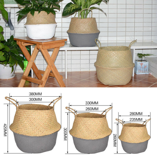 Seagrass Belly Basket Flower Plants Pots Laundry Storage Home Garden Organizer