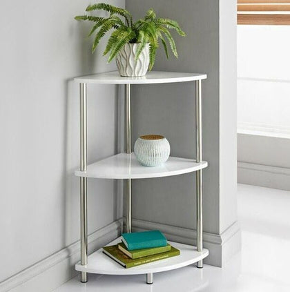 3 Tier White High Gloss Table Corner Storage Shelves Unit Stainless Steel Legs