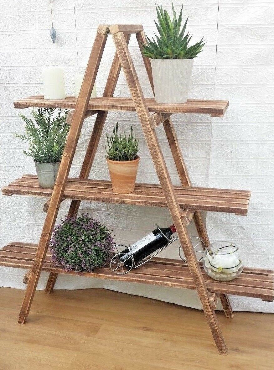 Rustic 3 Tier Wooden Ladder Shelf Shelves Bookcase Plant Flower Shelving