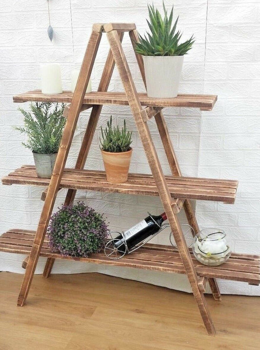 Rustic 3 Tier Wooden Ladder Shelf Shelves Bookcase Plant Flower Shelving