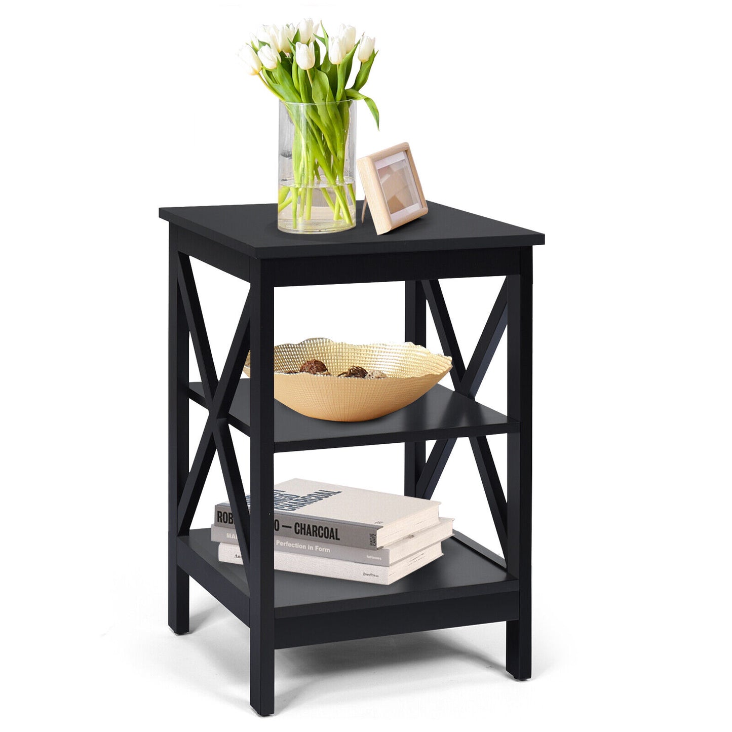 3-tiers Bedside Table X-design Nightstand End Table Wooden Bedroom Storage Table