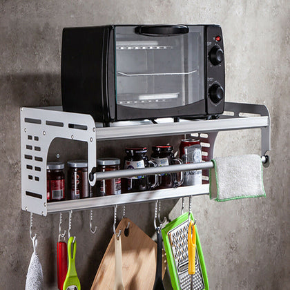 2 Tier Microwave Oven Rack Stand Storage Organiser Shelf with Hooks Wall Mounted