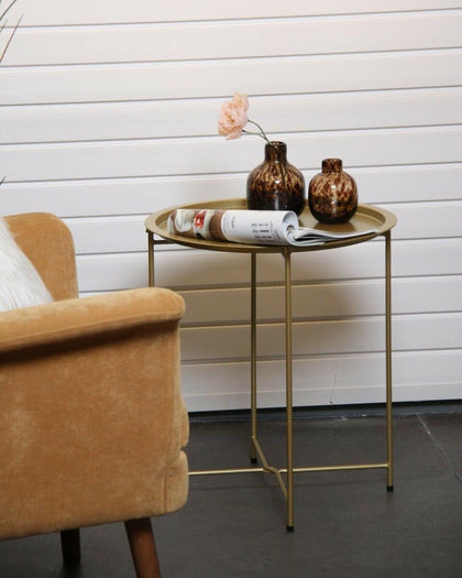 Metal Round Foldable Butlers Tray Top Side Table Living Room Lounge Decor Gold