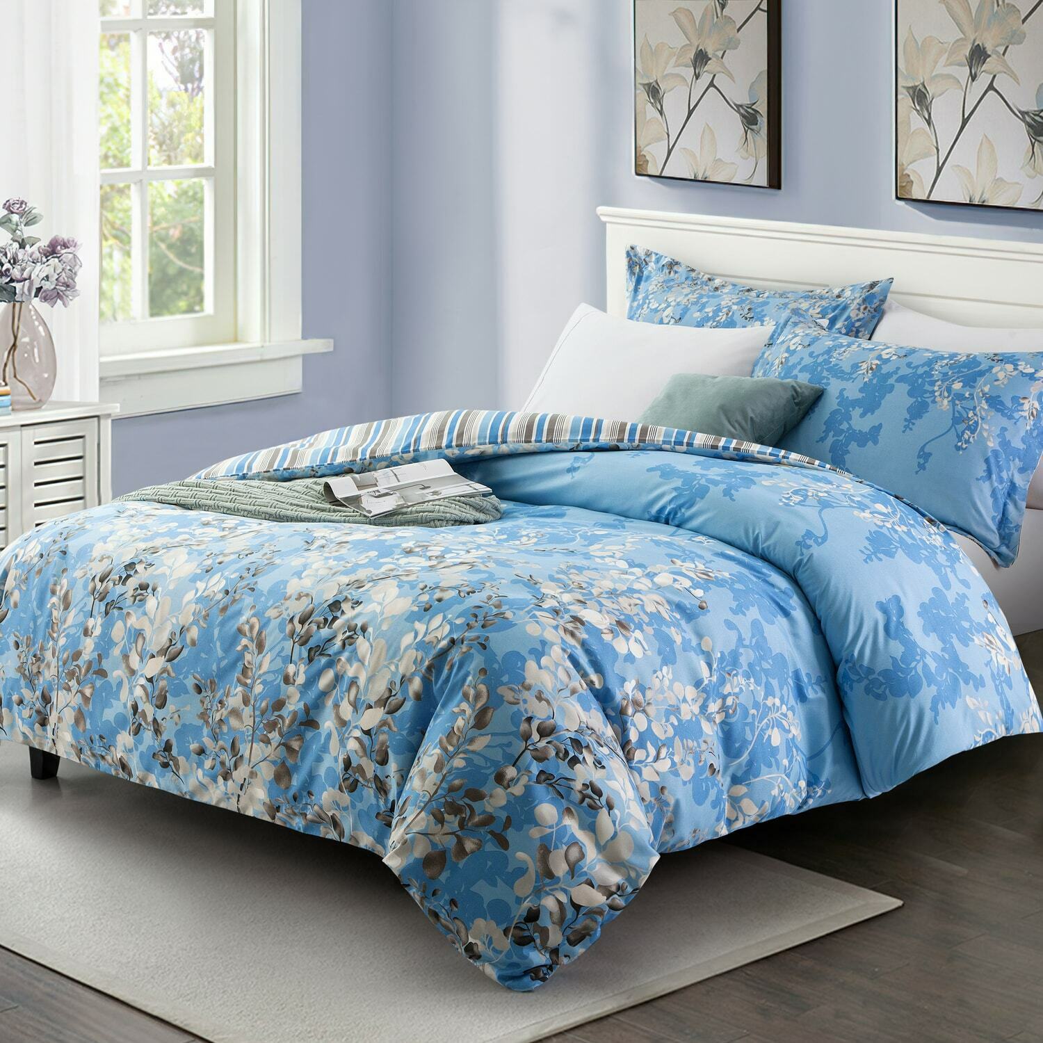 Reversible Duvet Quilt Cover Bedding Set Single Double King Size + Pillow Cases