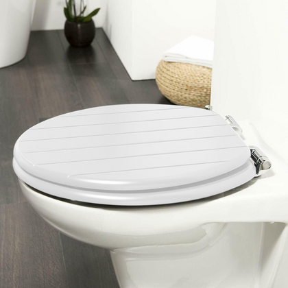 White Tongue And Groove Toilet Seat Wood Wooden Strong Chrome Plated Hinges New