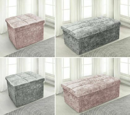 Crushed Velvet Diamante Ottoman Storage Box Folding Stool Space Saving Pink Grey
