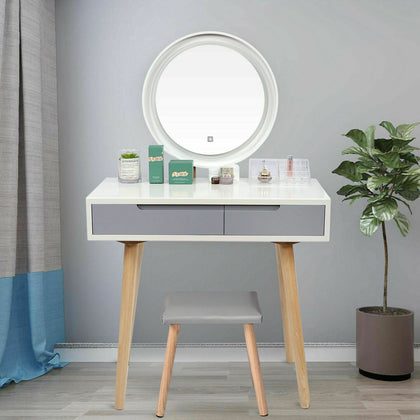 Wood Dressing MakeupTable Set Organizer LED Light Round Mirror 2 Drawers Stool