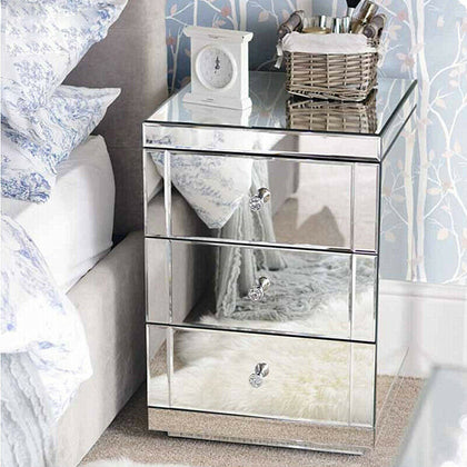 Mirrored Glass Bedside Table Storage Cabinet Unit Nightstand Chest of 3 Drawers