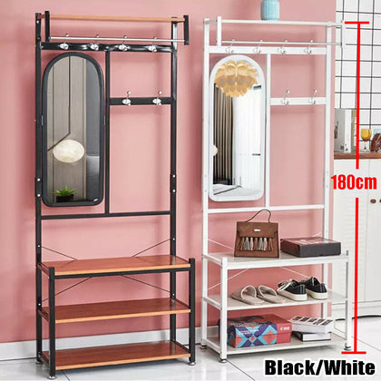 180cm Hat & Coat Stand Wooden Bench Clothes Shoe Rack Hanger Shelf With Mirror
