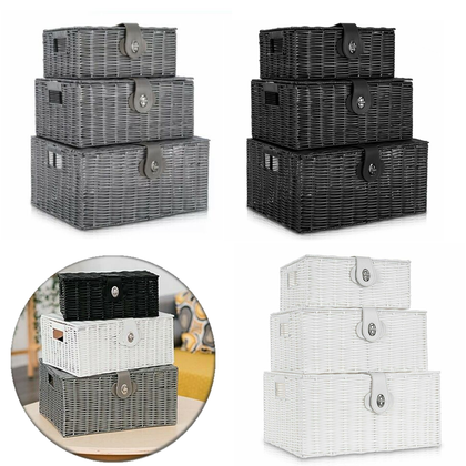 SET OF 3 RESIN WOVEN WICKER XMAS HAMPER BASKET STORAGE BOX WITH LID & LOCK GIFT