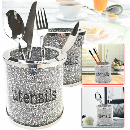 Sparkly Crushed Diamond Crystal Filled Utensil Holder Kitchen Storage Spoon UK
