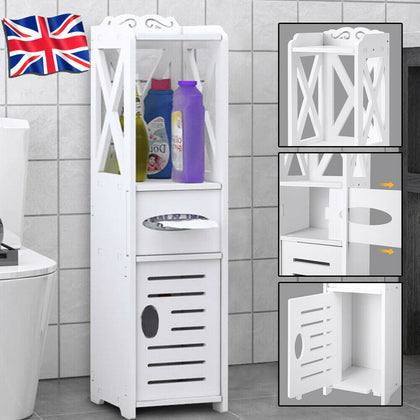 White Wooden Bathroom Storage Cabinet Shelf Slim Cupboard Unit Free Standing UK