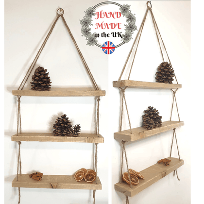 Rustic Shabby Chic Handmade Rope Shelves Wooden Natural Wood Hanging 3 Tier 40cm