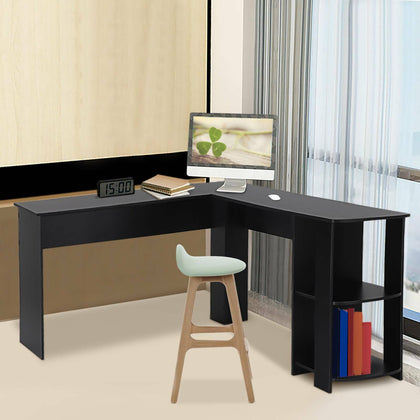 Black L-shaped Computer Desk Corner PC Table Workstation Home Office w/ Shelves