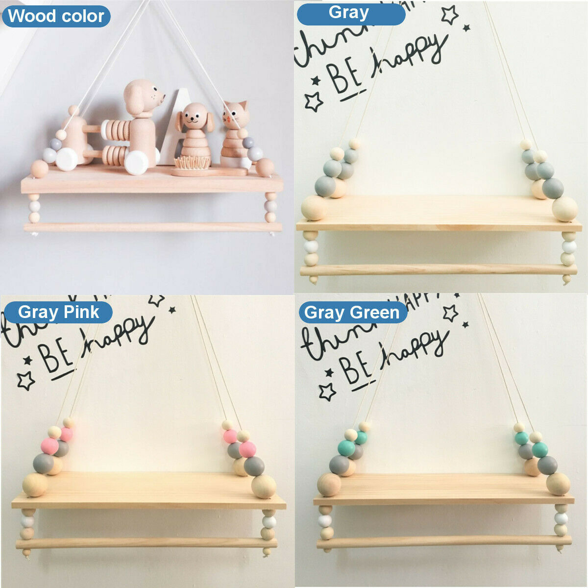 Wall Hanging Wood Rope Swing Shelf Shelves Storage Shelve Room Decor UK MA