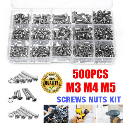 500X Stainless Steel M3 M4 M5 Hex Screws & Socket Bolts & Nuts Assorted Box Kit