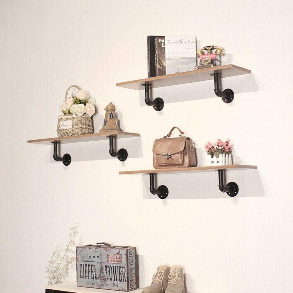 Shelving Unit Vintage Industrial Pipe Wooden Metal Wall Floating Shelf Storage
