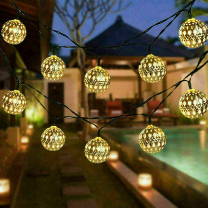 Solar LED Moroccan Ball Garden String Fairy Lights Hanging Lantern Lamp Outdoor