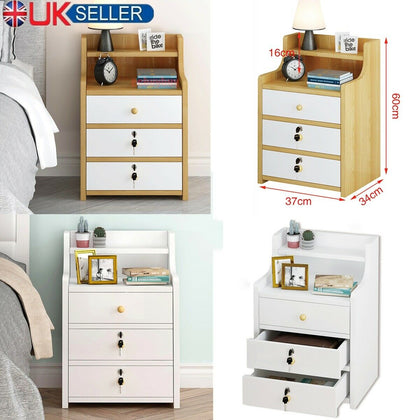 Bedside Tables Nightstand Cabinet Chest Storage With Lock key 3 Drawer Bedroom