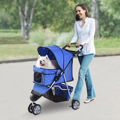 Lightweight Pet Stroller 3 Wheel Buggy Blue Folding Dog Puppy Pushchair Pram