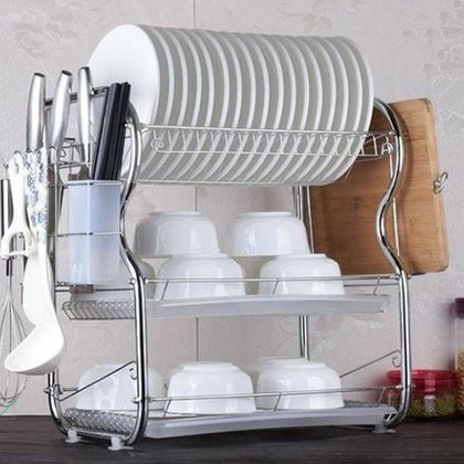 3 Tier Chrome Coated Dish Drainer Holder Sink Rack Drip Tray Plates Cutlery Cups