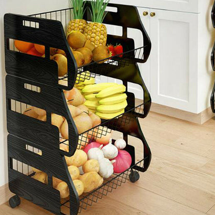 3 Tier Hanging Fruit Vegetable Baskets with Wheel-Metal Wire Wall Storage Basket