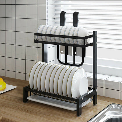 2 Tier KItchen Dish Drainer Cutlery Cup Plates Knives Holder Sink Rack Drip Tray