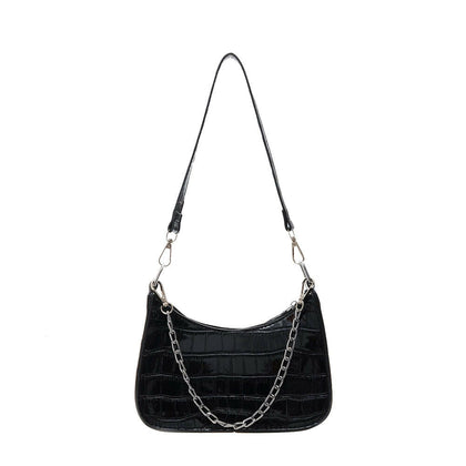 Retro Alligator PU Leather Underarm Totes Women Chain Shoulder Bag (Black)