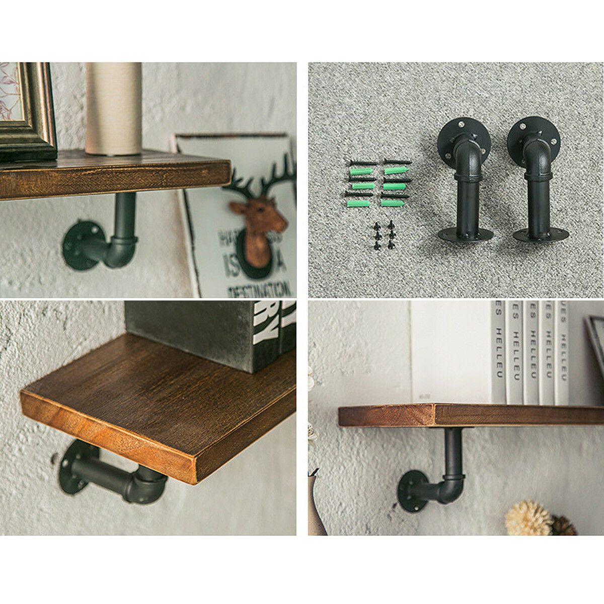Vintage Industrial Pipe Wooden Metal Wall Floating Shelf Storage Shelving Unit