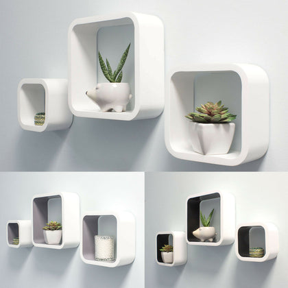Set of 3 Floating Cube Square Wall Shelves – Two Tone Modern Storage Décor