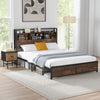 King Size Platform Bed Metal Slatted Support Bed Frame with Bookcase Headboard