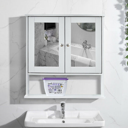 Bathroom Cabinet Storage Cupboard with Mirror Wooden Shelves White Wall Mounted
