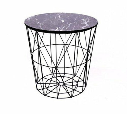Round Modern End Side Table Black Coated Metal & Marble Effect Wood Lamp Coffee