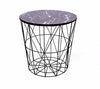 Round Modern End Side Table Black Coated Metal & Marble Effect Wood Lamp Coffee