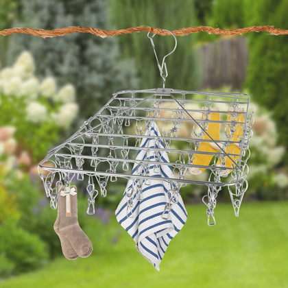 Folding Sock Dryer with 52 Peg, Stainless Steel Swivel Drying Rack Windproof