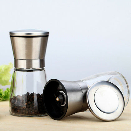 2pcs Salt & Pepper Grinder Shaker Stainless Steel Glass Manual Spice Mill Bottle