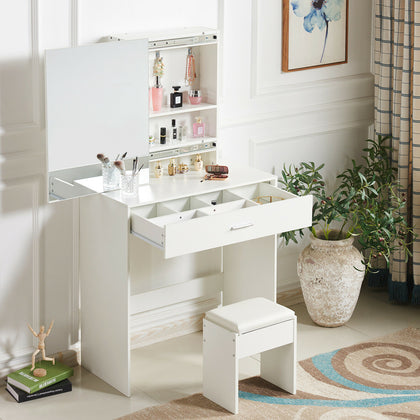 Modern White Dressing Table Jewelry Makeup Desk w/ Large Mirror & Drawer Bedroom