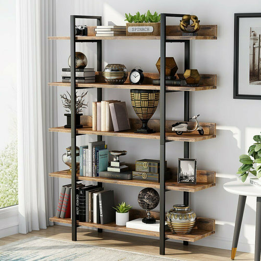 Living Room Industrial 5 Tier Bookshelf Office Etagere Bookcase with Back Fence