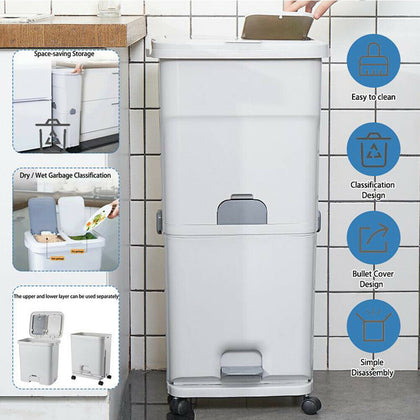 2/3 Compartment Kitchen Recycling Waste Bin Dustbin Trash Bin Rolling