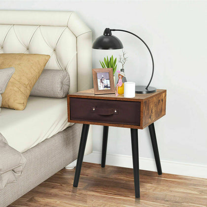 Industrial Wood Cabinet Bedside Table End Side Storage Nightstand Fabric Drawer