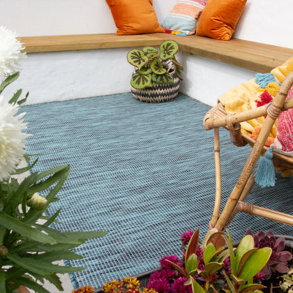 Plain Teal Blue Outdoor Rug Wear Resistant Plastic Garden Patio Area Rug Budget