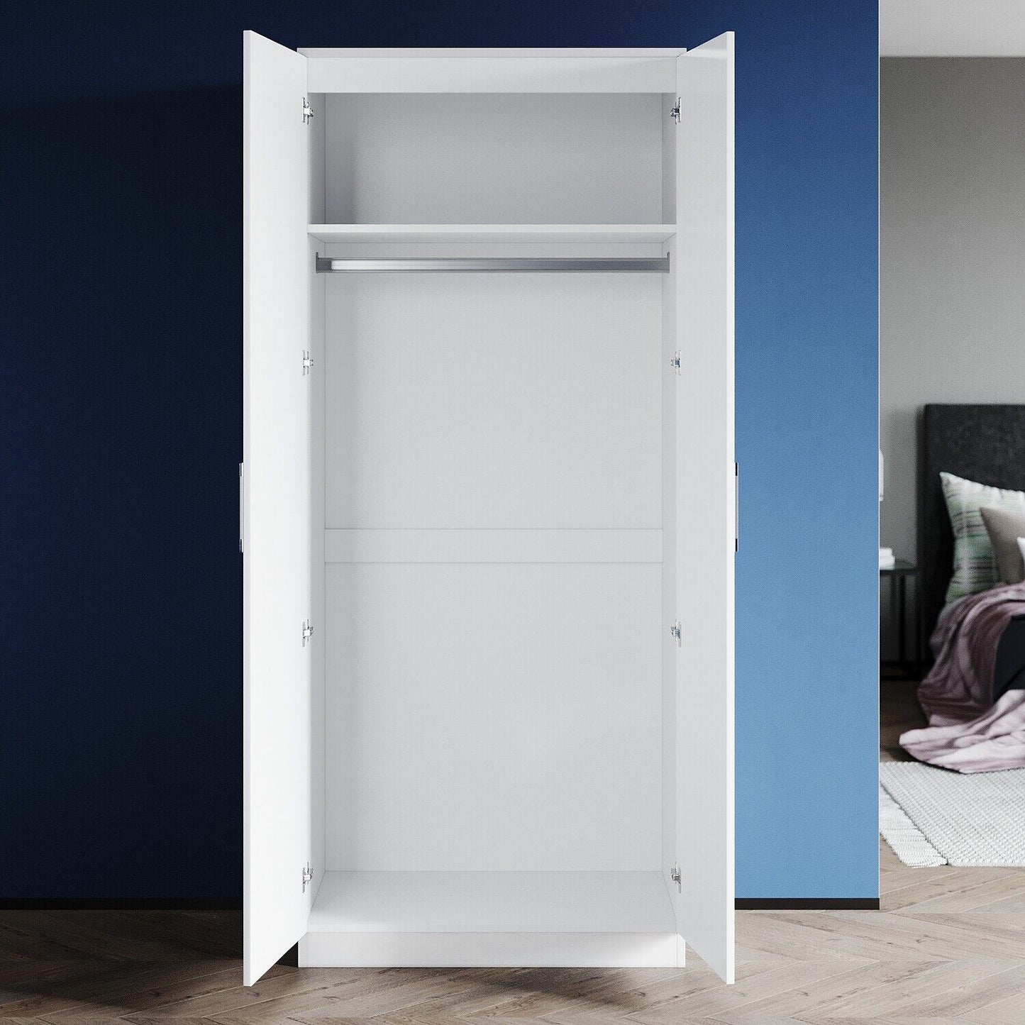 High Gloss 2 Door Wardrobe Bedroom Furniture Storage with Mirror Hanging Rail